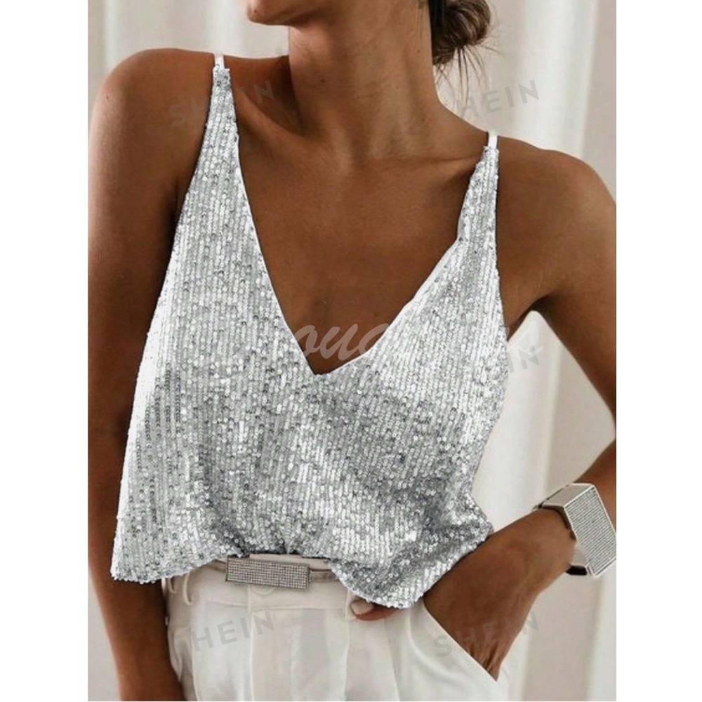 All Over Sequin Silver on White V-Neck Cami Top